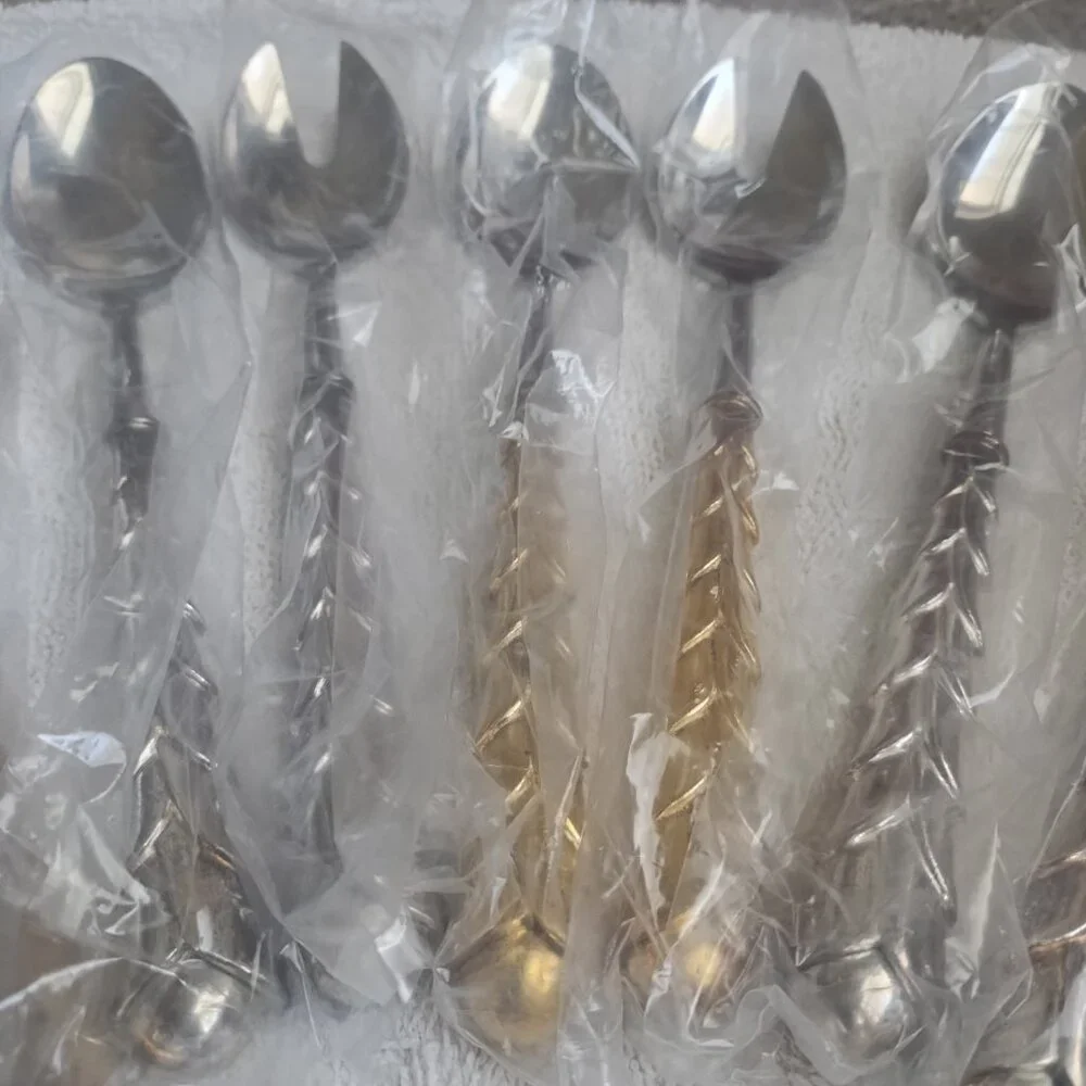 12 PC LOT French Silver Gold Plate Stainless Spoon Salad Cake Hostess Server SET